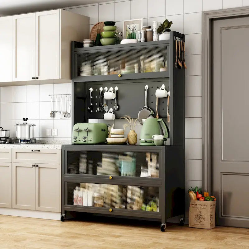 Kitchen Storage Cabinet with Wheels - Baker's Rack, Microwave Shelf, Double Doors, 250kg Capacity, 360° Casters