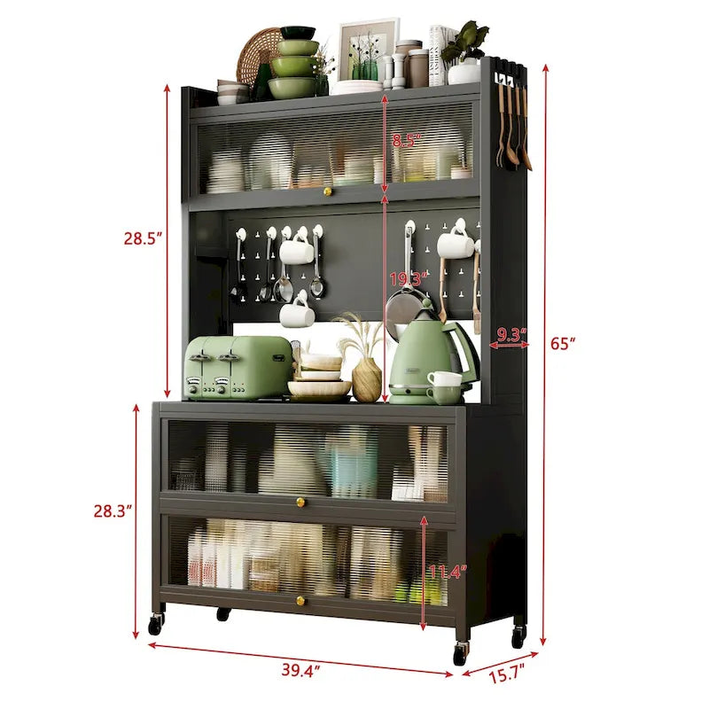 Kitchen Storage Cabinet with Wheels - Baker's Rack, Microwave Shelf, Double Doors, 250kg Capacity, 360° Casters
