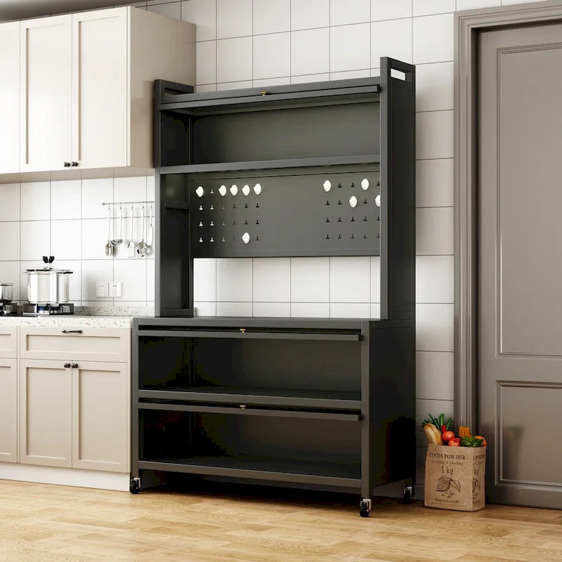 Kitchen Storage Cabinet with Wheels - Baker's Rack, Microwave Shelf, Double Doors, 250kg Capacity, 360° Casters