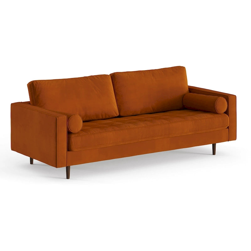 Mid-Century Modern Performance Velvet Sofa Button Tufted Solid Wood Frame Tapered Legs with Bolster Pillows