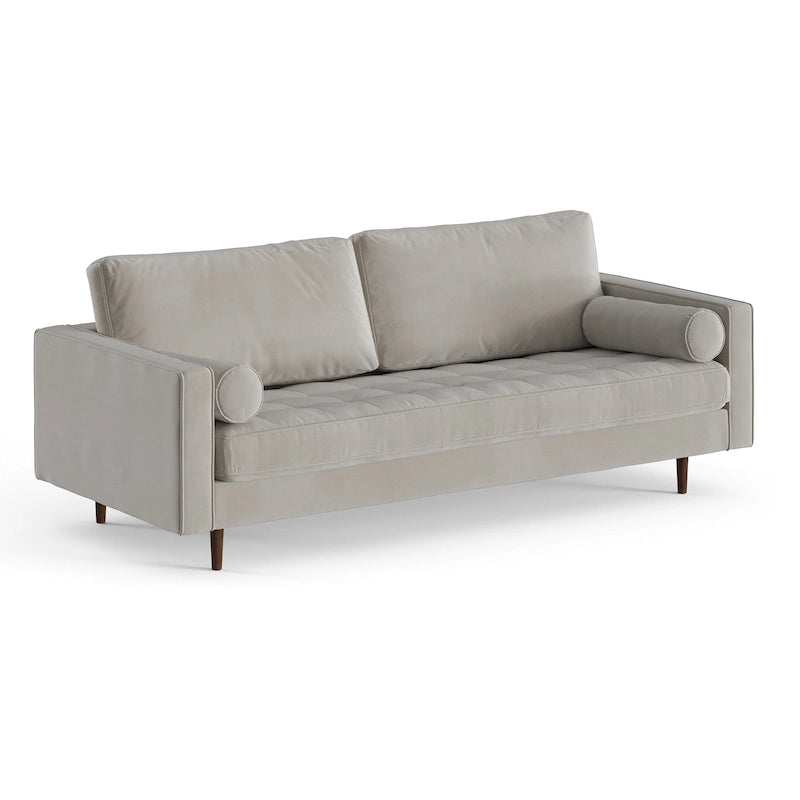 Mid-Century Modern Performance Velvet Sofa Button Tufted Solid Wood Frame Tapered Legs with Bolster Pillows