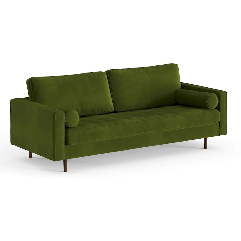Mid-Century Modern Performance Velvet Sofa Button Tufted Solid Wood Frame Tapered Legs with Bolster Pillows