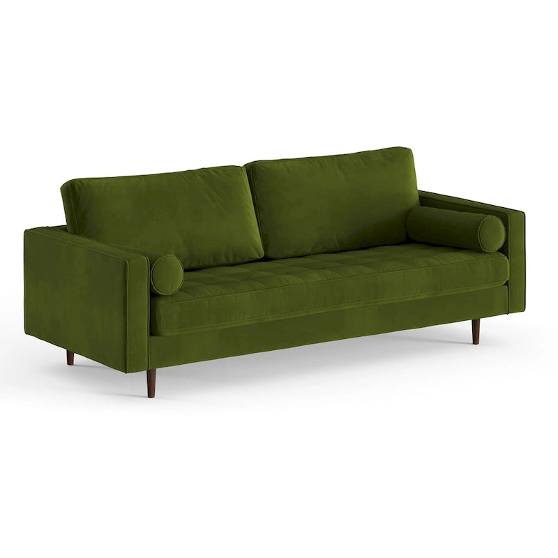 Mid-Century Modern Performance Velvet Sofa Button Tufted Solid Wood Frame Tapered Legs with Bolster Pillows