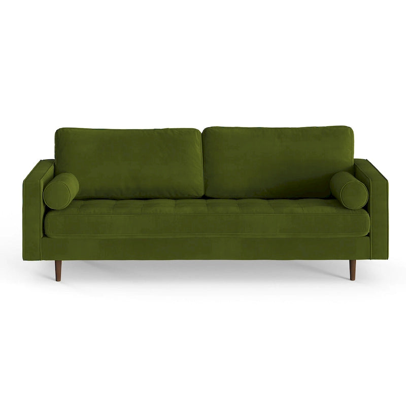 Mid-Century Modern Performance Velvet Sofa Button Tufted Solid Wood Frame Tapered Legs with Bolster Pillows