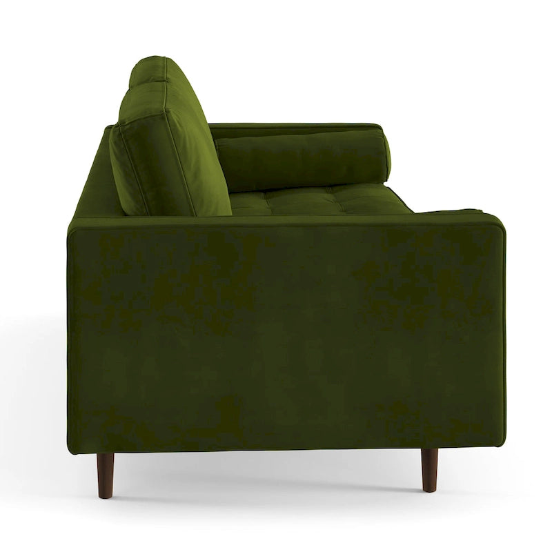 Mid-Century Modern Performance Velvet Sofa Button Tufted Solid Wood Frame Tapered Legs with Bolster Pillows