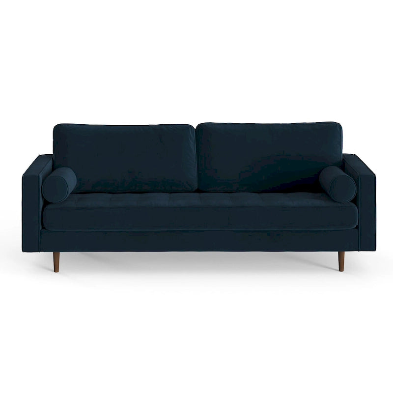 Mid-Century Modern Performance Velvet Sofa Button Tufted Solid Wood Frame Tapered Legs with Bolster Pillows