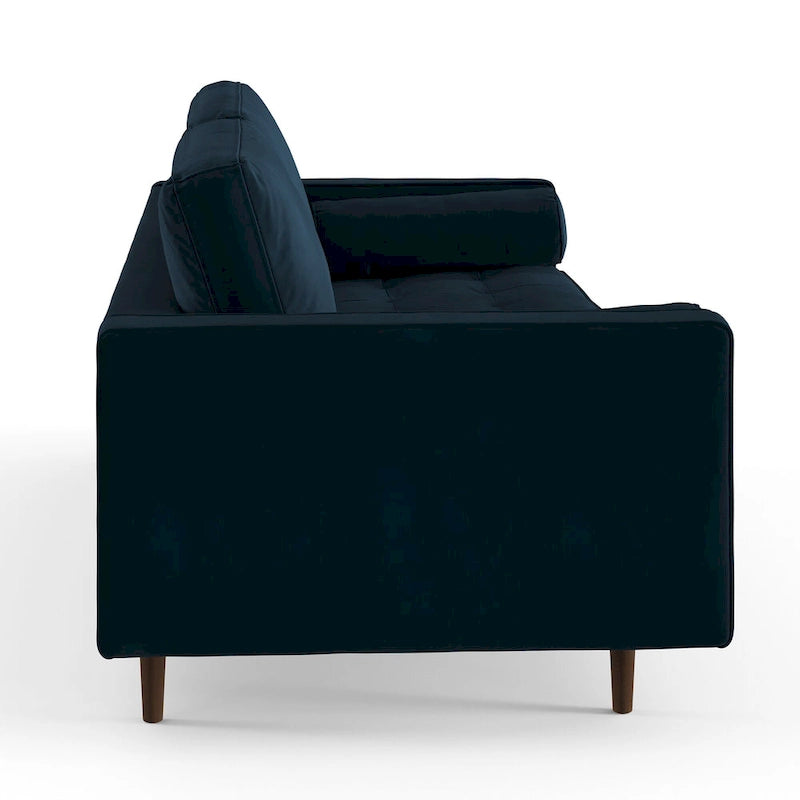 Mid-Century Modern Performance Velvet Sofa Button Tufted Solid Wood Frame Tapered Legs with Bolster Pillows