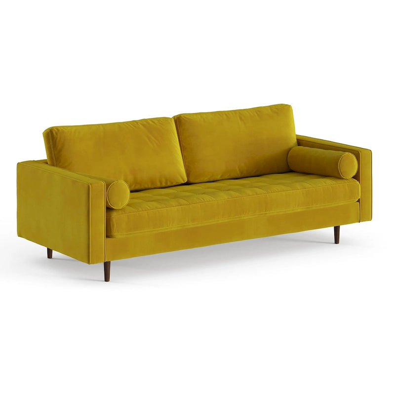 Mid-Century Modern Performance Velvet Sofa Button Tufted Solid Wood Frame Tapered Legs with Bolster Pillows