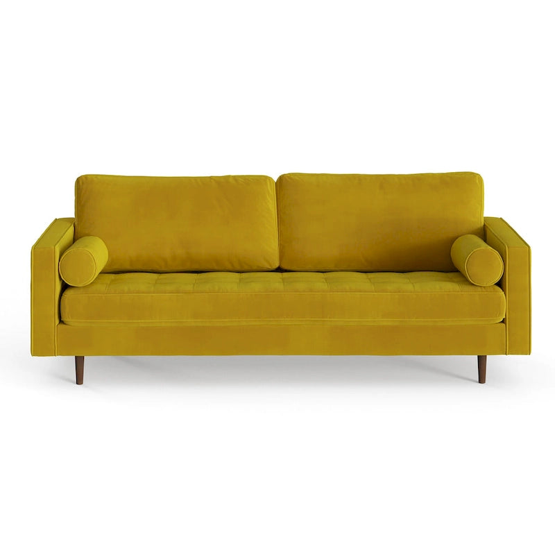 Mid-Century Modern Performance Velvet Sofa Button Tufted Solid Wood Frame Tapered Legs with Bolster Pillows