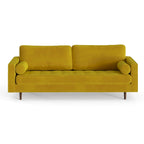 Mid-Century Modern Performance Velvet Sofa Button Tufted Solid Wood Frame Tapered Legs with Bolster Pillows