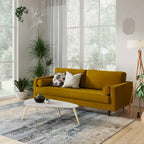 Mid-Century Modern Performance Velvet Sofa Button Tufted Solid Wood Frame Tapered Legs with Bolster Pillows