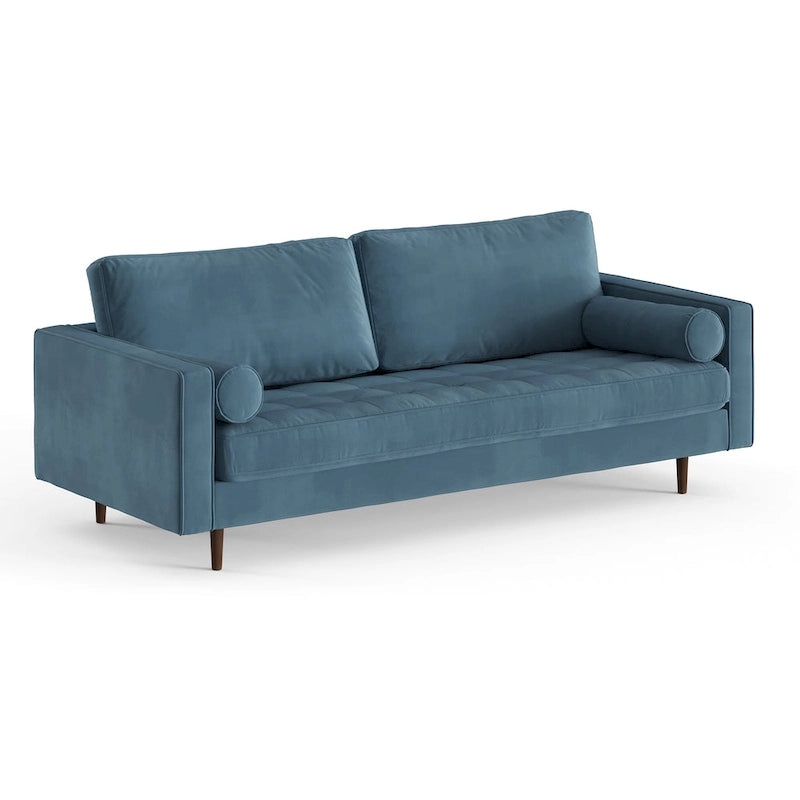 Mid-Century Modern Performance Velvet Sofa Button Tufted Solid Wood Frame Tapered Legs with Bolster Pillows