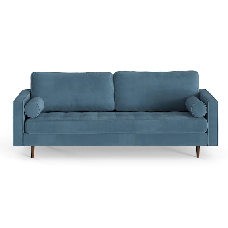 Mid-Century Modern Performance Velvet Sofa Button Tufted Solid Wood Frame Tapered Legs with Bolster Pillows