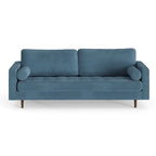 Mid-Century Modern Performance Velvet Sofa Button Tufted Solid Wood Frame Tapered Legs with Bolster Pillows