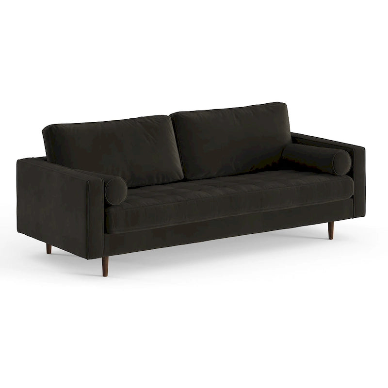 Mid-Century Modern Performance Velvet Sofa Button Tufted Solid Wood Frame Tapered Legs with Bolster Pillows