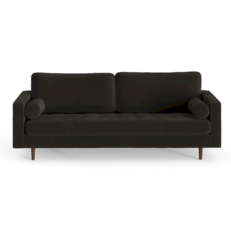 Mid-Century Modern Performance Velvet Sofa Button Tufted Solid Wood Frame Tapered Legs with Bolster Pillows