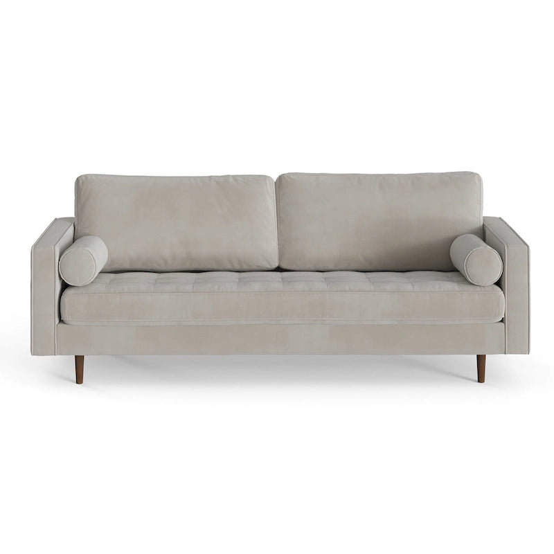 Mid-Century Modern Performance Velvet Sofa Button Tufted Solid Wood Frame Tapered Legs with Bolster Pillows