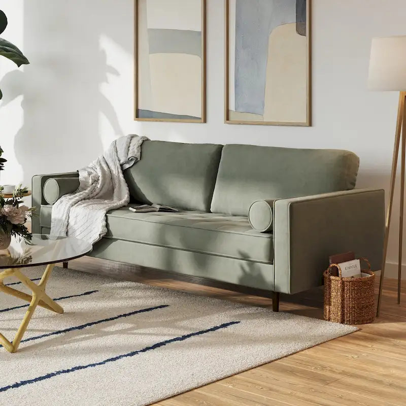 Mid-Century Modern Performance Velvet Sofa Button Tufted Solid Wood Frame Tapered Legs with Bolster Pillows