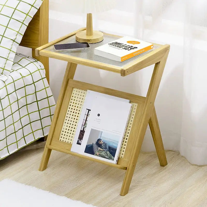 Bamboo End Table with Glass Top - Storage Rack, Z-Shape Frame, 50lbs Capacity, 17.72"L x 14.57"W x 22.05"H
