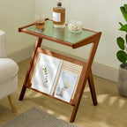Bamboo End Table with Glass Top - Storage Rack, Z-Shape Frame, 50lbs Capacity, 17.72"L x 14.57"W x 22.05"H