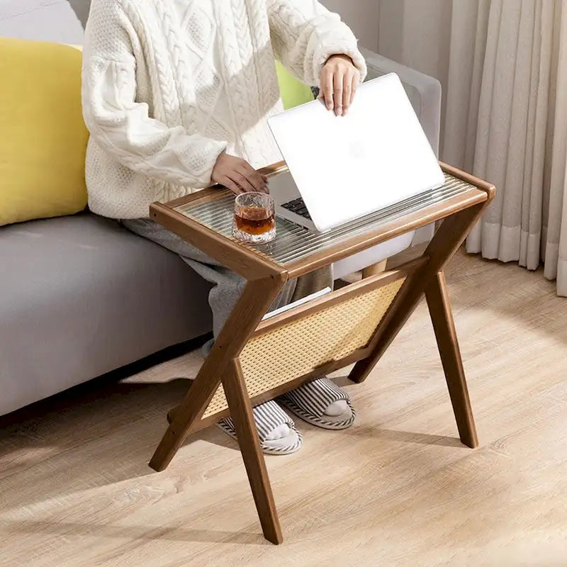 Bamboo End Table with Glass Top - Storage Rack, Z-Shape Frame, 50lbs Capacity, 17.72"L x 14.57"W x 22.05"H