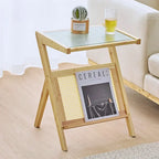 Bamboo End Table with Glass Top - Storage Rack, Z-Shape Frame, 50lbs Capacity, 17.72"L x 14.57"W x 22.05"H