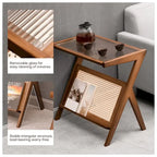 Bamboo End Table with Glass Top - Storage Rack, Z-Shape Frame, 50lbs Capacity, 17.72"L x 14.57"W x 22.05"H