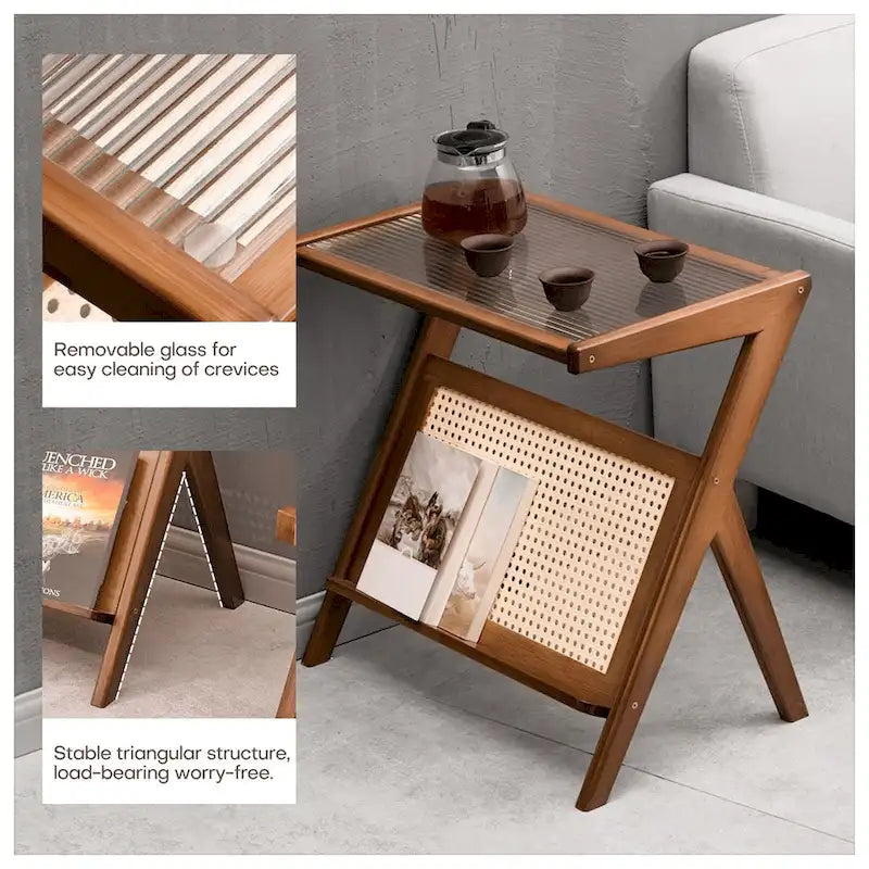 Bamboo End Table with Glass Top - Storage Rack, Z-Shape Frame, 50lbs Capacity, 17.72"L x 14.57"W x 22.05"H