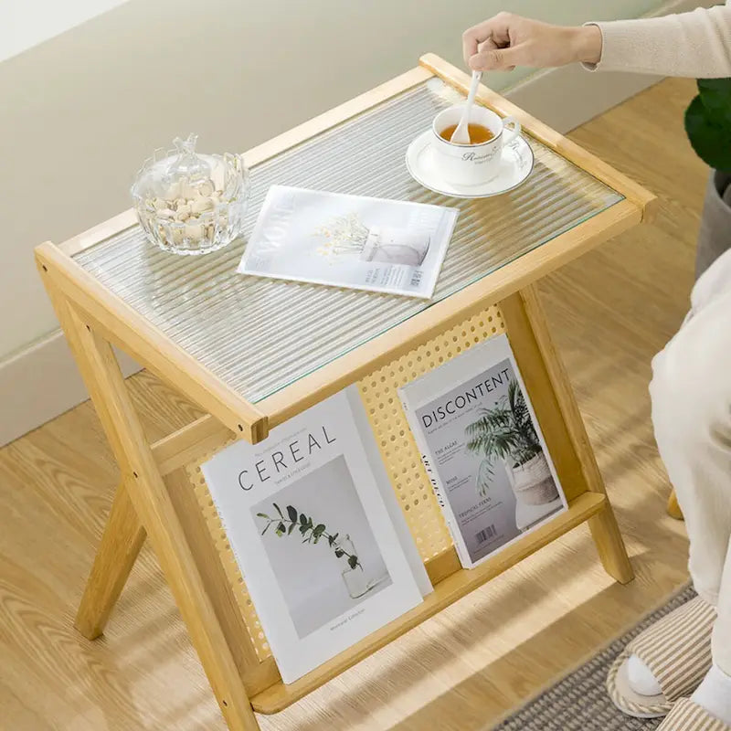 Bamboo End Table with Glass Top - Storage Rack, Z-Shape Frame, 50lbs Capacity, 17.72"L x 14.57"W x 22.05"H