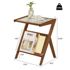 Bamboo End Table with Glass Top - Storage Rack, Z-Shape Frame, 50lbs Capacity, 17.72"L x 14.57"W x 22.05"H