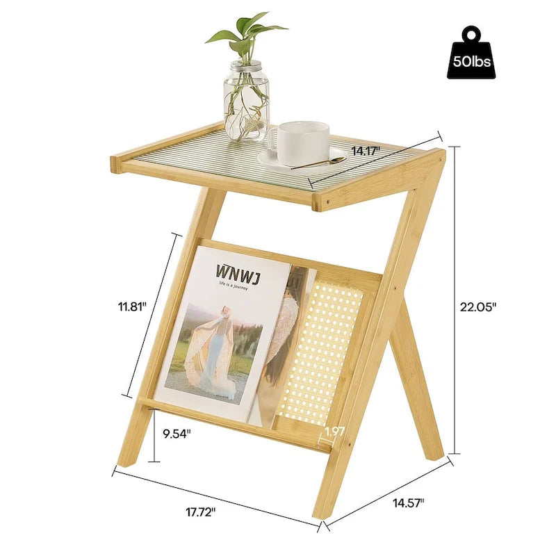 Bamboo End Table with Glass Top - Storage Rack, Z-Shape Frame, 50lbs Capacity, 17.72"L x 14.57"W x 22.05"H