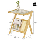 Bamboo End Table with Glass Top - Storage Rack, Z-Shape Frame, 50lbs Capacity, 17.72"L x 14.57"W x 22.05"H