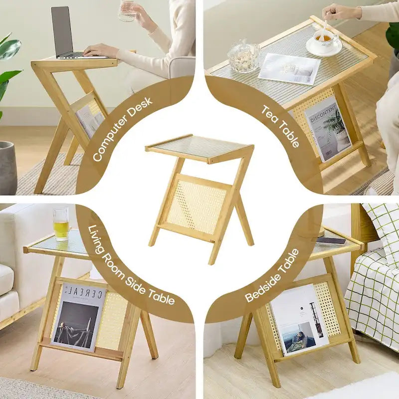 Bamboo End Table with Glass Top - Storage Rack, Z-Shape Frame, 50lbs Capacity, 17.72"L x 14.57"W x 22.05"H