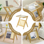 Bamboo End Table with Glass Top - Storage Rack, Z-Shape Frame, 50lbs Capacity, 17.72"L x 14.57"W x 22.05"H