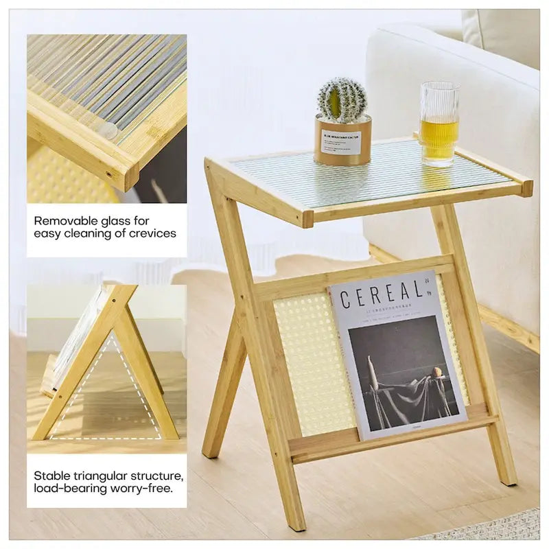 Bamboo End Table with Glass Top - Storage Rack, Z-Shape Frame, 50lbs Capacity, 17.72"L x 14.57"W x 22.05"H