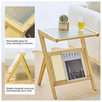 Bamboo End Table with Glass Top - Storage Rack, Z-Shape Frame, 50lbs Capacity, 17.72"L x 14.57"W x 22.05"H