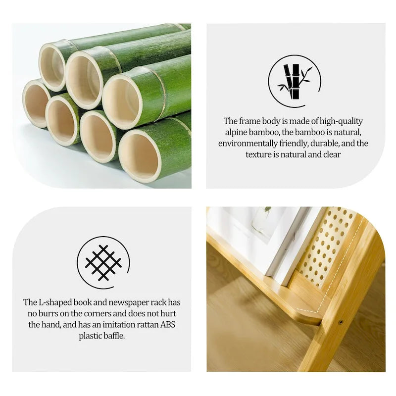 Bamboo End Table with Glass Top - Storage Rack, Z-Shape Frame, 50lbs Capacity, 17.72"L x 14.57"W x 22.05"H