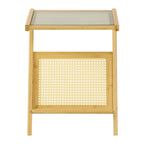 Bamboo End Table with Glass Top - Storage Rack, Z-Shape Frame, 50lbs Capacity, 17.72"L x 14.57"W x 22.05"H