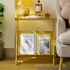 Bamboo End Table with Glass Top - Storage Rack, Z-Shape Frame, 50lbs Capacity, 17.72"L x 14.57"W x 22.05"H