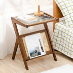 Bamboo End Table with Glass Top - Storage Rack, Z-Shape Frame, 50lbs Capacity, 17.72"L x 14.57"W x 22.05"H
