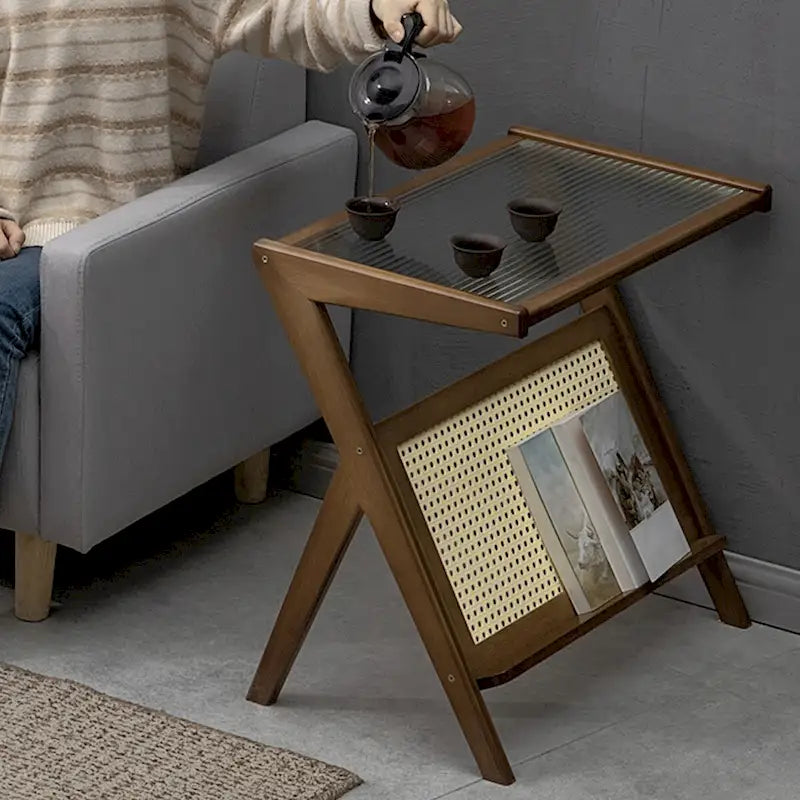 Bamboo End Table with Glass Top - Storage Rack, Z-Shape Frame, 50lbs Capacity, 17.72"L x 14.57"W x 22.05"H