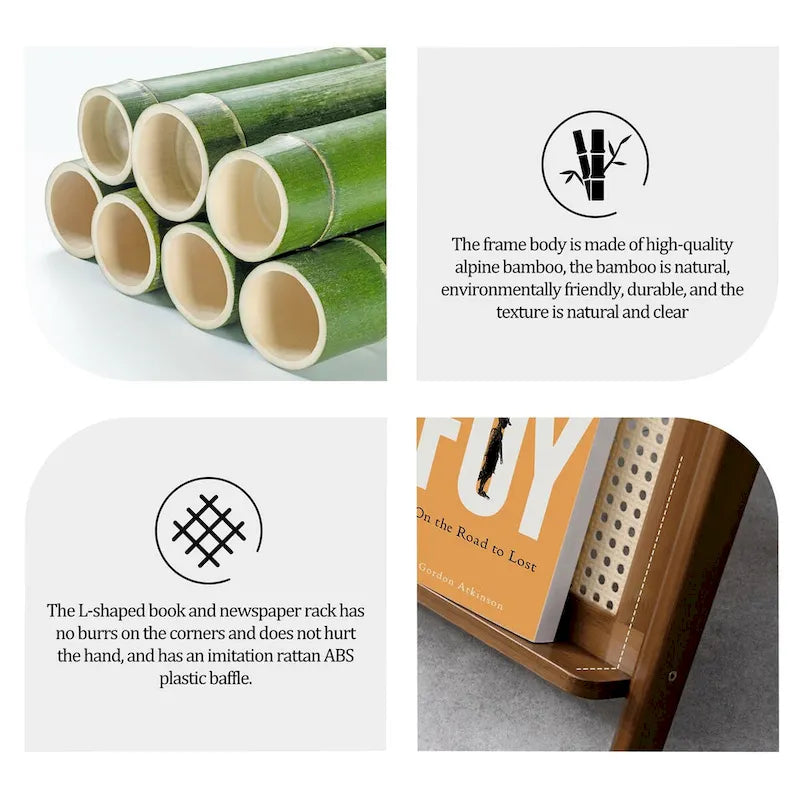 Bamboo End Table with Glass Top - Storage Rack, Z-Shape Frame, 50lbs Capacity, 17.72"L x 14.57"W x 22.05"H