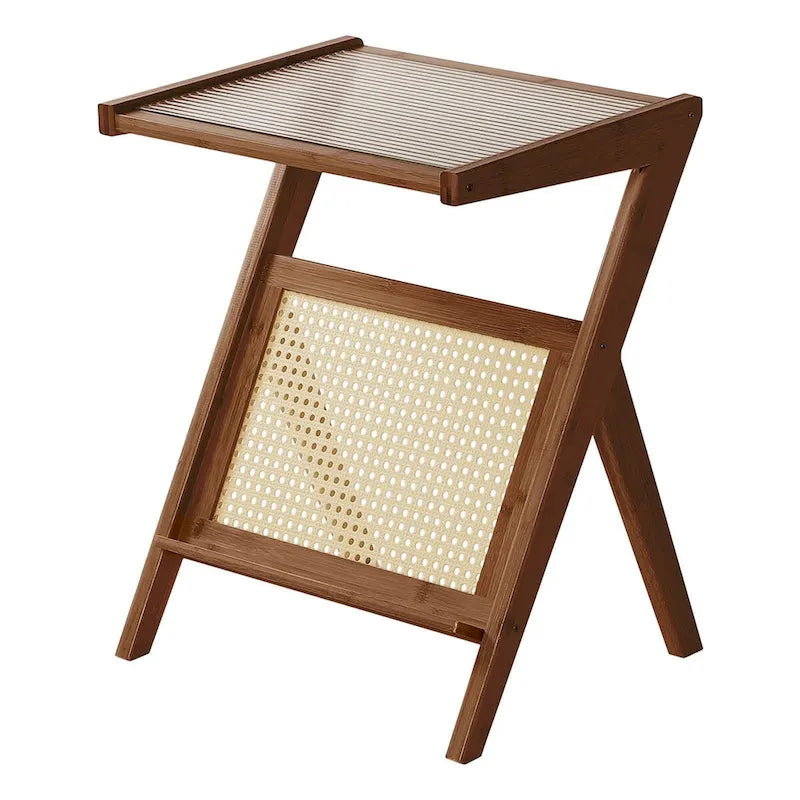 Bamboo End Table with Glass Top - Storage Rack, Z-Shape Frame, 50lbs Capacity, 17.72"L x 14.57"W x 22.05"H