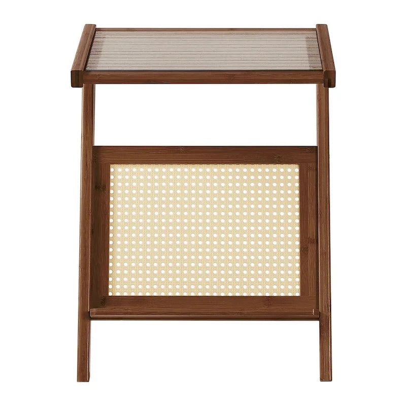 Bamboo End Table with Glass Top - Storage Rack, Z-Shape Frame, 50lbs Capacity, 17.72"L x 14.57"W x 22.05"H