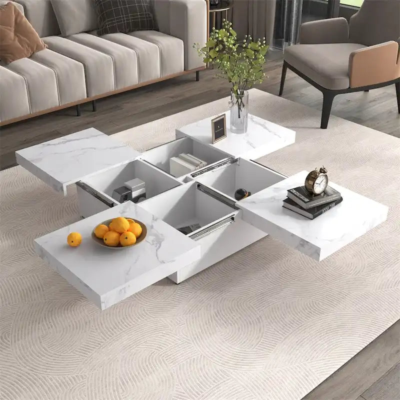 Square Coffee Table with Sliding Top - Marble Veneer Surface, Storage Compartment, MDF Construction, Modern Design