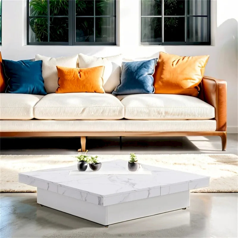 Square Coffee Table with Sliding Top - Marble Veneer Surface, Storage Compartment, MDF Construction, Modern Design