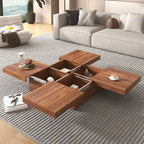 Square Coffee Table with Sliding Top - Marble Veneer Surface, Storage Compartment, MDF Construction, Modern Design