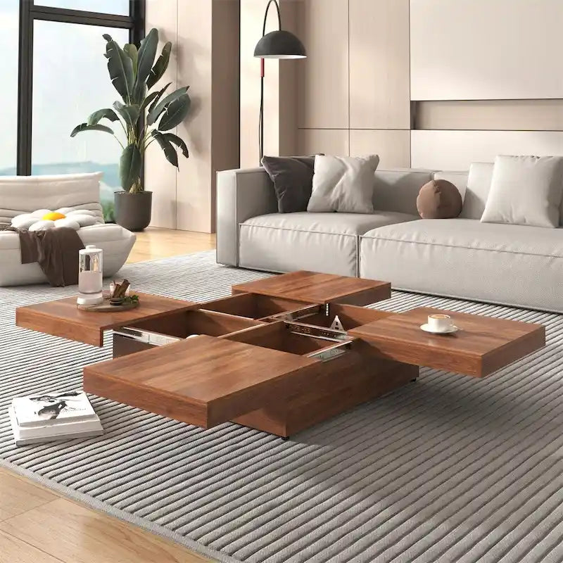 Square Coffee Table with Sliding Top - Marble Veneer Surface, Storage Compartment, MDF Construction, Modern Design