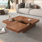 Square Coffee Table with Sliding Top - Marble Veneer Surface, Storage Compartment, MDF Construction, Modern Design