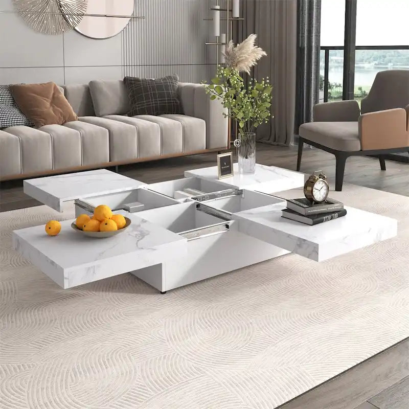 Square Coffee Table with Sliding Top - Marble Veneer Surface, Storage Compartment, MDF Construction, Modern Design